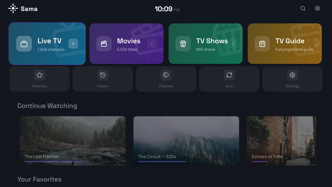 Sama IPTV Player — Home Screen